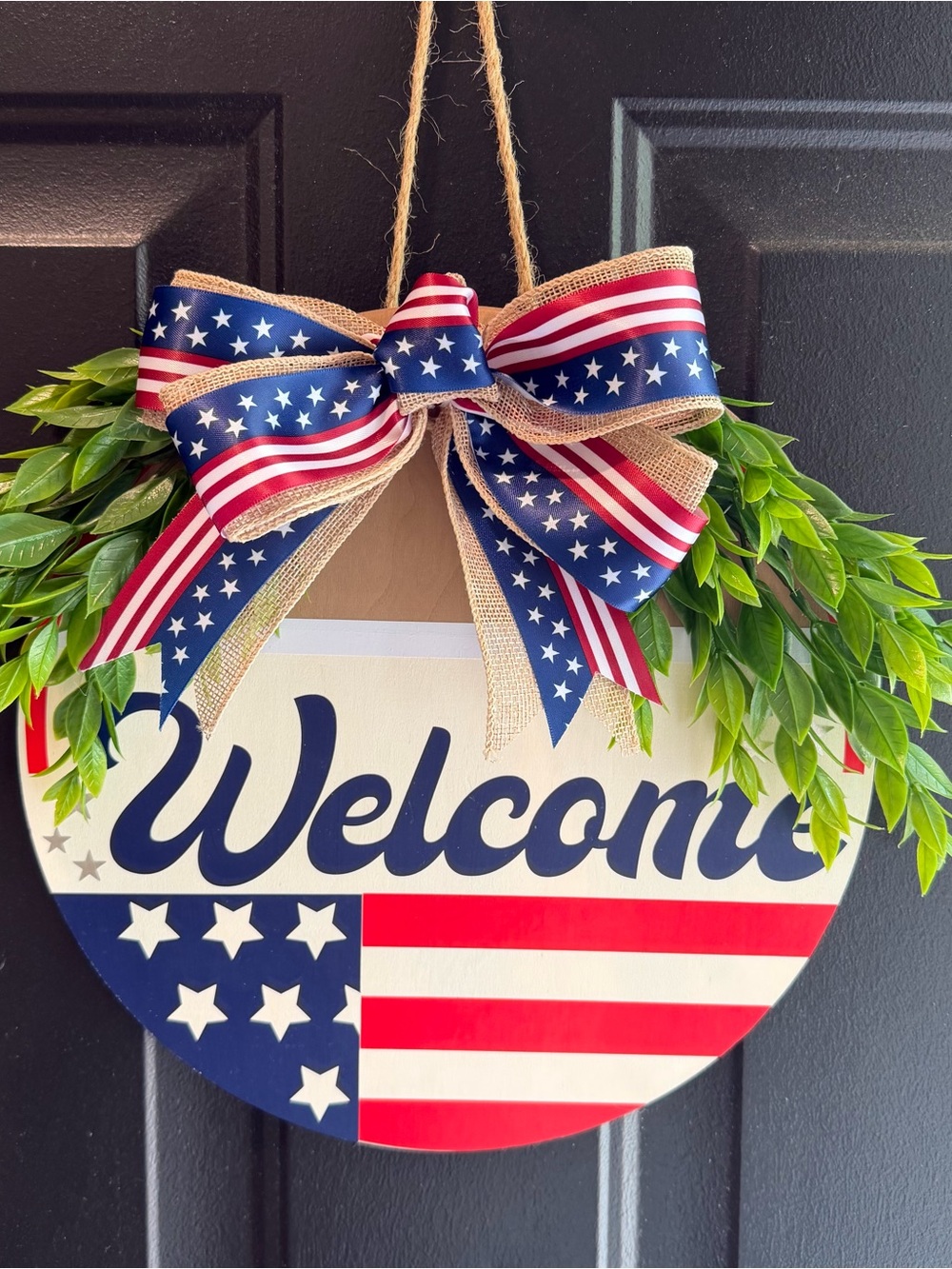 Welcome Patriotic Door Hanger with Stars & Stripes Bow - Blue/Red